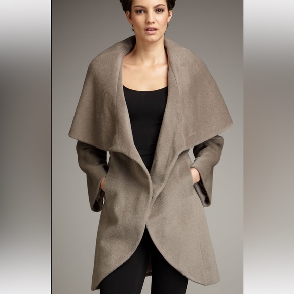 Elie Tahari MARLA mink brown colored shawl neck wrap coat size Large - Picture 2 of 8